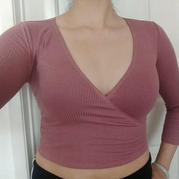 Tops - Ribbed Mauve Crop Top with 3/4 Sleeves